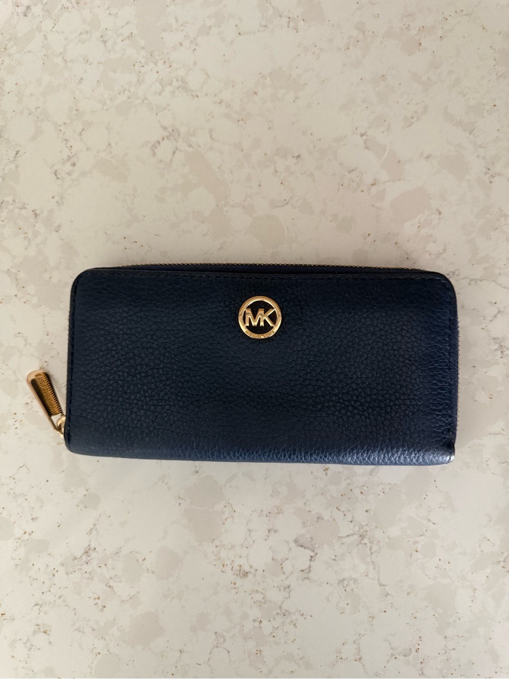 Michael Kors Navy Pebbled Leather Zip-Around Wallet with Gold MK Logo